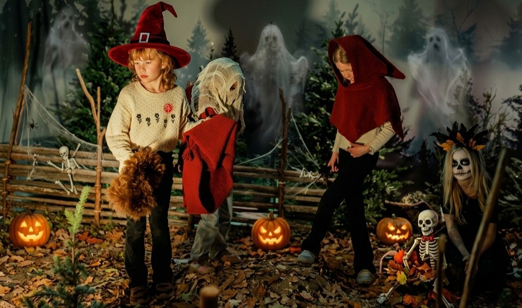 Fyra Halloween-klädda barn på Filmbyn Småland