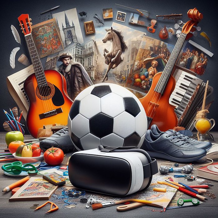 ett montage av bilder med en europeisk fotboll, VR glasögon, Datorspel, Böcker, teckningsmaterial, musikinstrument,  gympaskor